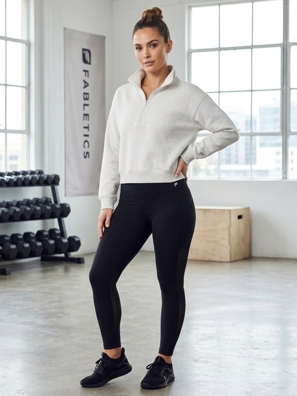 Fabletics 1/4 Zip Sweatshirt Oatmeal Fleece Pullover S Athleisure Streetwear EUC